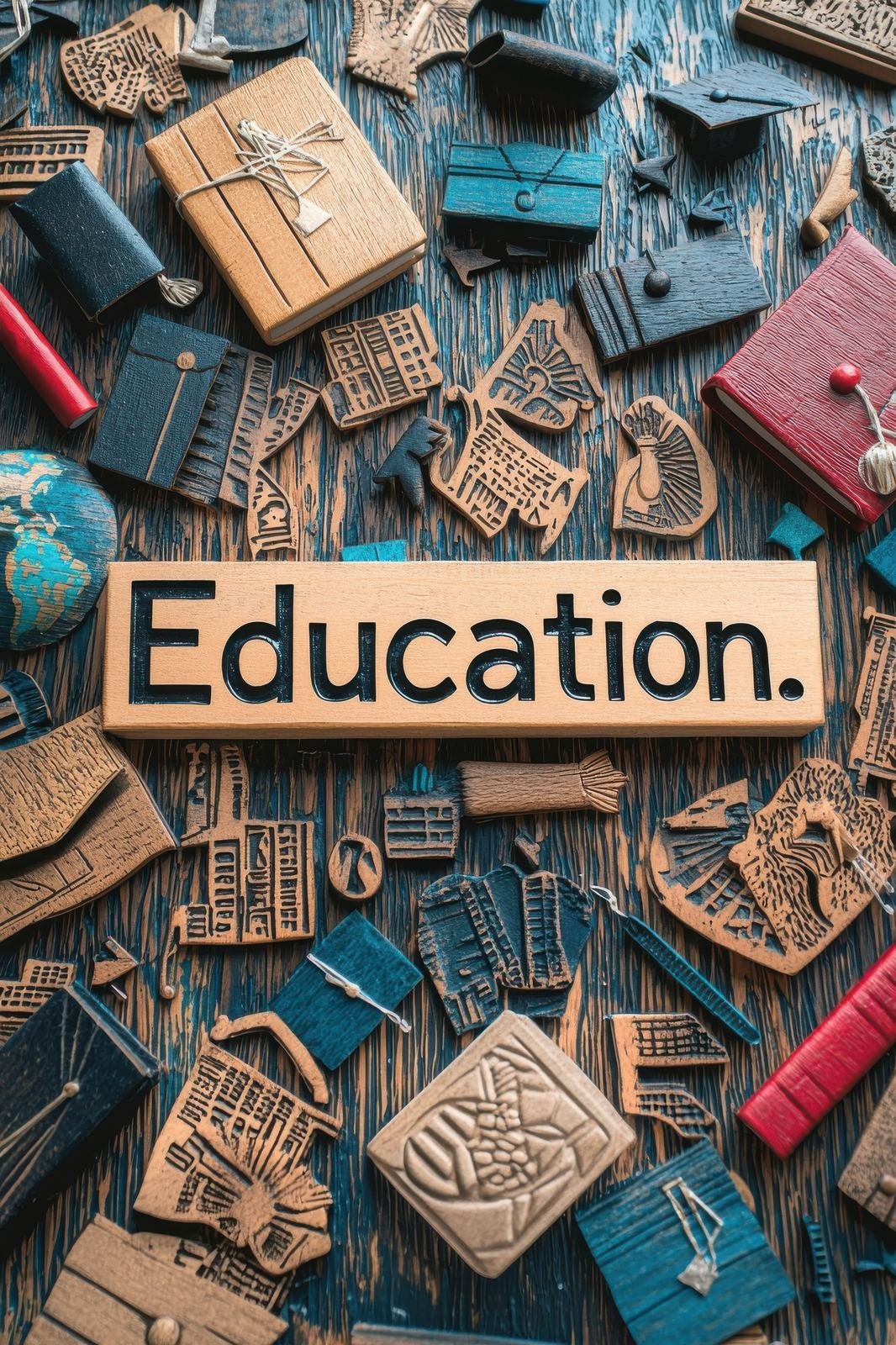 Collection of education-themed wooden icons and symbols