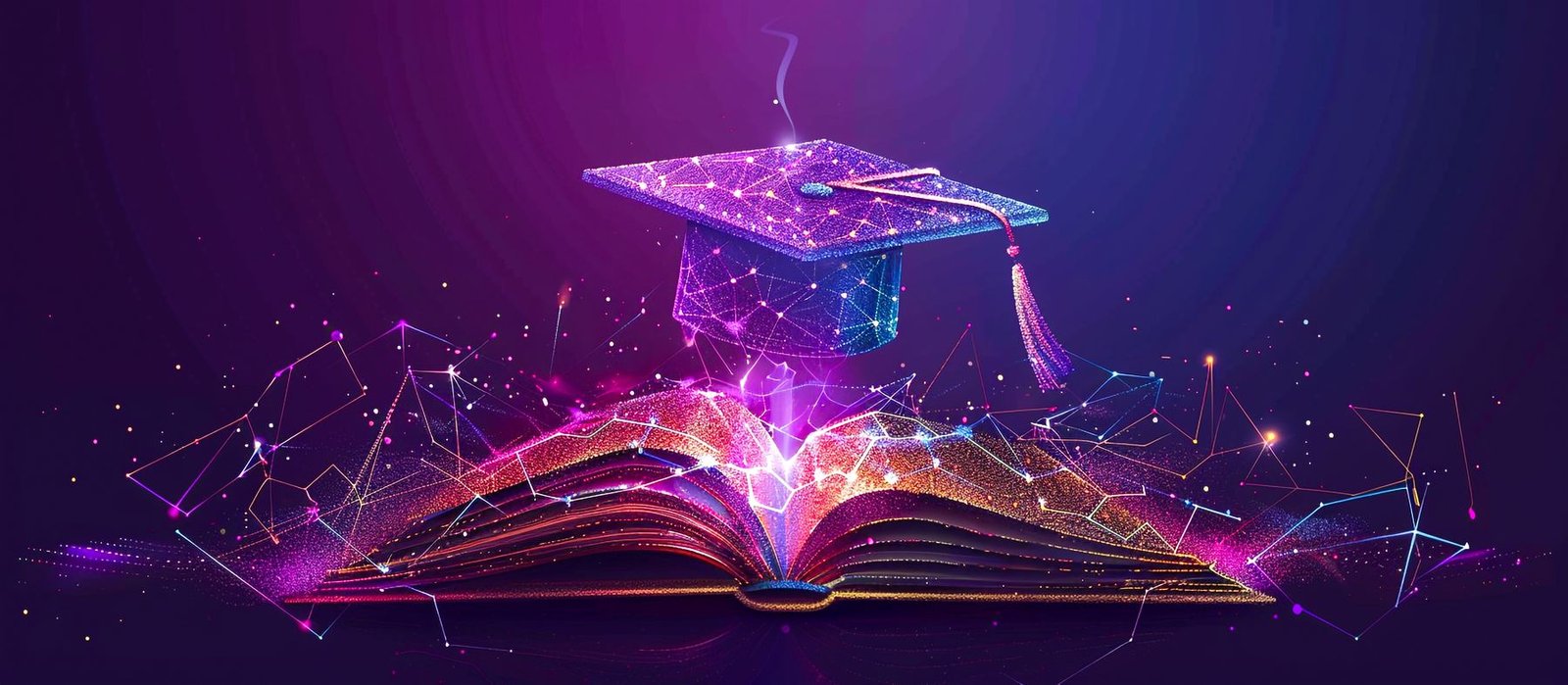 Graduation cap and open book glowing with a constellation of ideas, representing the path to higher education